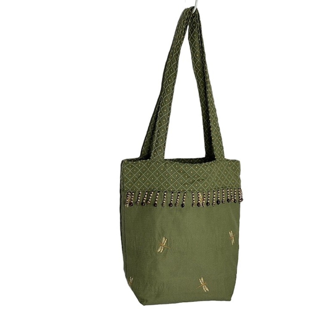 Green Canvas Boho Purse Bag Embroidered Dragonfly Wood Bead Snap Close Unbranded